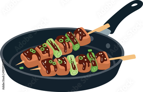 Japanese Yakitori Skewers with Sauce and Green Onion in Frying Pan Vector Illustration