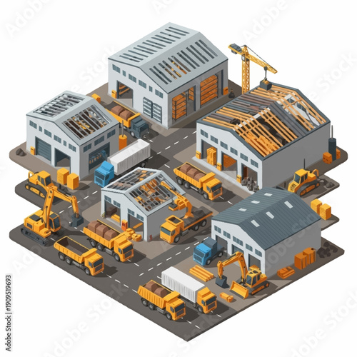 Isometric construction site with buildings and heavy machinery.