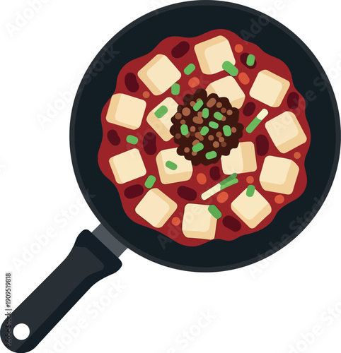 Vector Illustration of Mapo Tofu in Skillet – Traditional Chinese Sichuan Spicy Tofu Dish with Minced Meat and Garnish