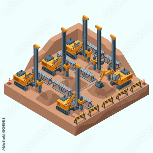 Isometric illustration of an oil drilling site with multiple rigs and machinery.