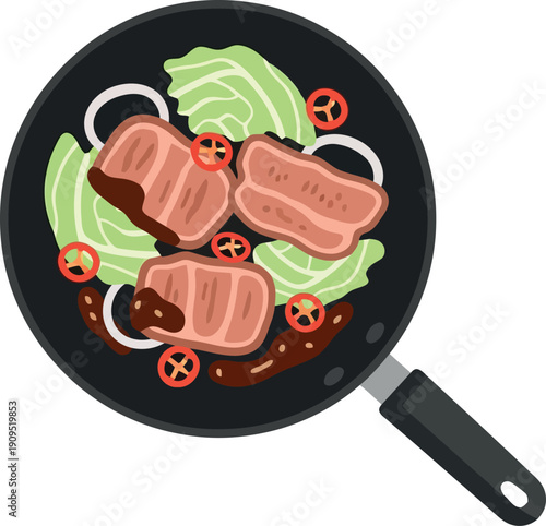 Japanese Sukiyaki Hot Pot with Beef, Cabbage, and Vegetables in Frying Pan Illustration