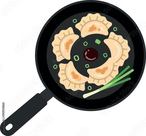Vector Illustration of Pan-Fried Dumplings with Scallions in Skillet – Asian Cuisine Clipart for Food Design