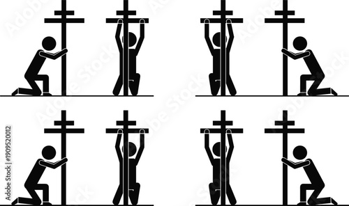 Christian Prayer Silhouette Set Vector Illustration Man Kneeling at Cross Religious Faith Worship Black and White Collection