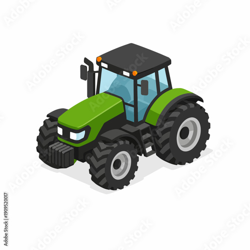 Isometric view of a modern green farm tractor, an agricultural vehicle designed for tilling fields and various farming operations, presented as a vibrant and detailed illustration for diverse projects
