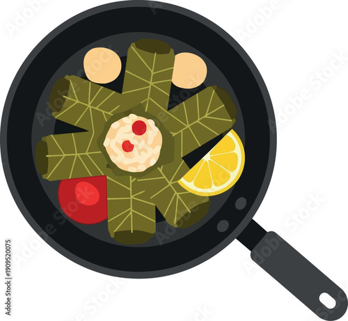 Vector Illustration of Stuffed Grape Leaves Dolma with Lemon and Vegetables in Pan, Mediterranean Cuisine
