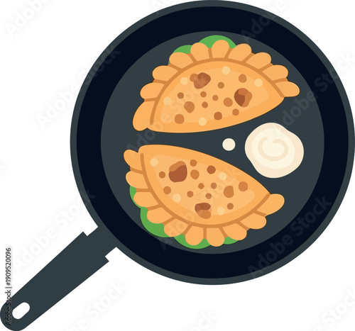 Vector Illustration of Fried Empanadas with Sauce in Skillet – Traditional Latin Street Food Concept
