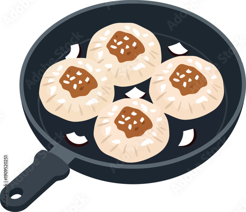 Vector Illustration of Pan-Fried Dumplings or Gyoza in Skillet, Asian Cuisine Clipart