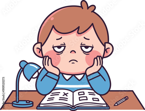 Tired boy studying at desk with lamp and book, feeling bored and overwhelmed with homework or schoolwork