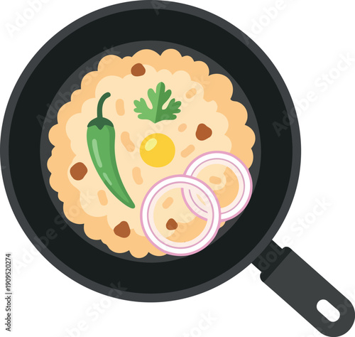 Vector Illustration of Indian Paratha with Green Chili, Onion Rings, and Coriander in Frying Pan