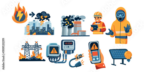 collection of industrial energy issues and pollution illustrations