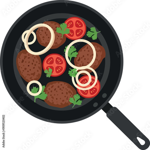 Vector Illustration of Meatballs with Tomatoes, Onions, and Herbs in Frying Pan for Recipe Design