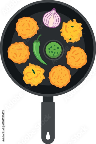 Vector Illustration of Indian Pakora Fritters with Onion, Chili, and Chutney in Frying Pan