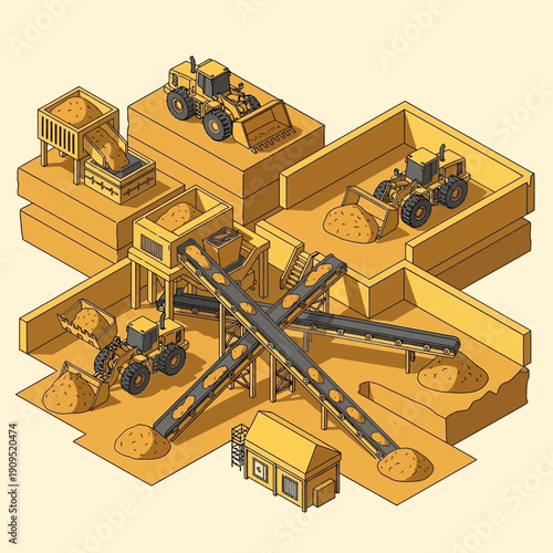 Isometric illustration of mining excavation site with heavy machinery.