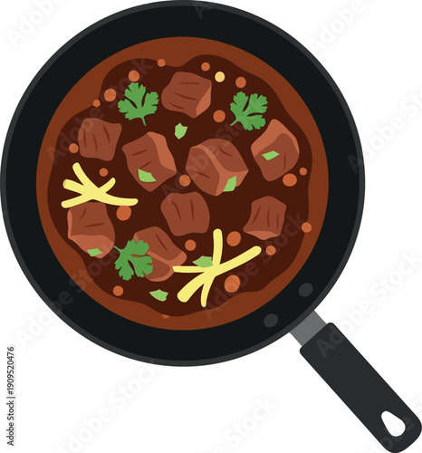 Vector Illustration of Indian Beef Curry in Pan with Garnish, Traditional Asian Cuisine Clipart