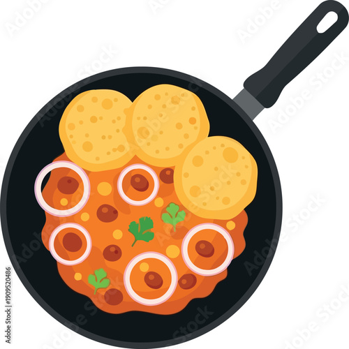 Vector Illustration of Indian Chole Bhature with Onion Rings and Coriander in Frying Pan