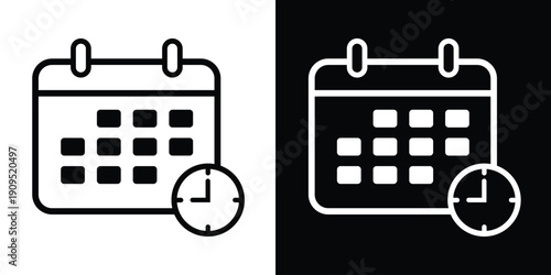 Calendar and clock icon set representing scheduling, deadlines, and time management. Minimalist black and white vector design for appointment planning and event reminders.
