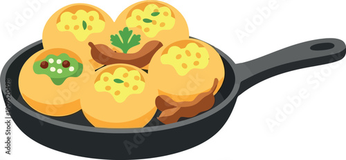 Vector Illustration of Indian Pani Puri Snack in Black Serving Pan – Traditional Street Food Concept