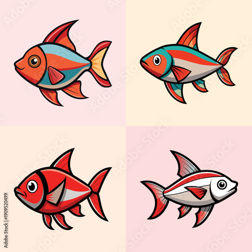 Colorful rummy nose tetra fish swimming school vector illustration flat design