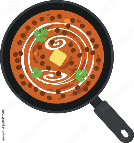 Vector Illustration of Indian Dal Makhani in Pan with Cream, Butter, and Coriander Garnish