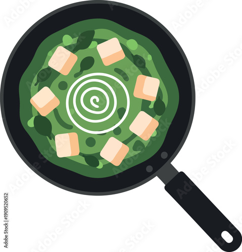Vector Illustration of Palak Paneer in Frying Pan – Indian Spinach Curry with Cheese Cubes, Top View