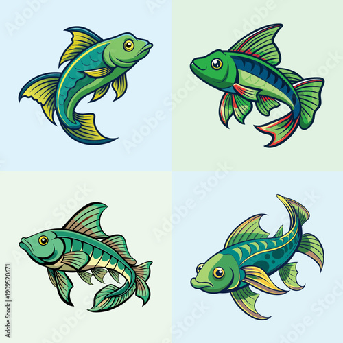 Siamese Algae Eater Fish Set Flat Design vector illustration