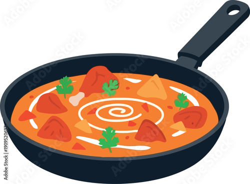 Vector Illustration of Indian Chicken Tikka Masala in Pan with Cream Garnish and Fresh Herbs