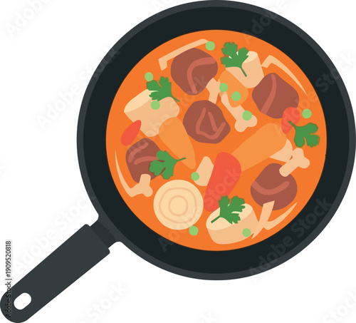Vector Illustration of Beef Stew in Pan with Vegetables, Hearty Comfort Food Clipart for Recipe Design