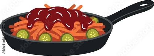Vector Illustration of Skillet Spaghetti with Tomato Sauce and Vegetables in Black Pan