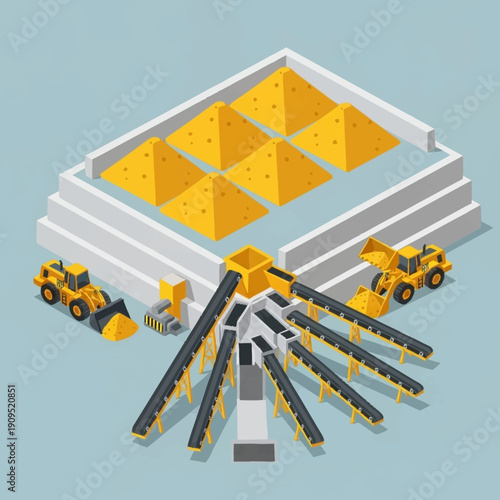 3D illustration of a sand quarry with heavy machinery and conveyor belts.