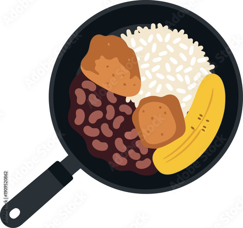 Traditional Latin American Bandeja Paisa with Rice, Beans, Plantain, and Meat in Skillet Vector Illustration