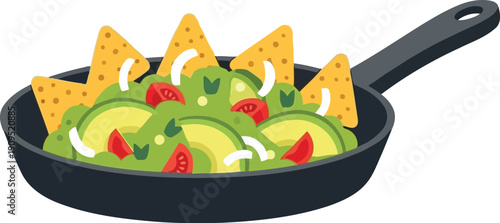 Vector Illustration of Skillet Nachos with Guacamole, Tortilla Chips, Avocado, Tomato, and Onion