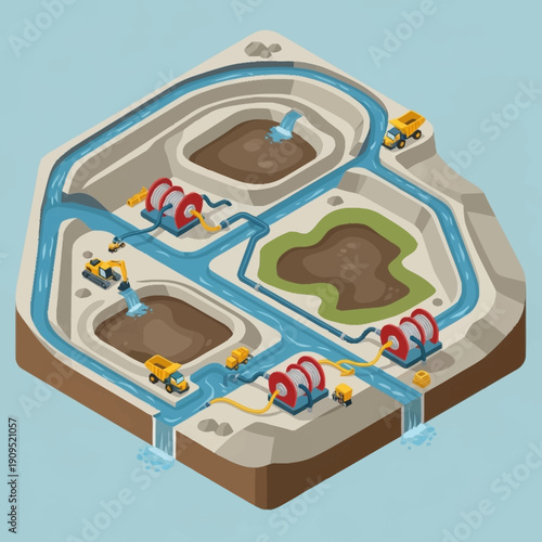 Isometric illustration of a water treatment plant with multiple stages and machinery.