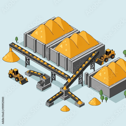 Industrial grain storage facility with conveyor belts and machinery.