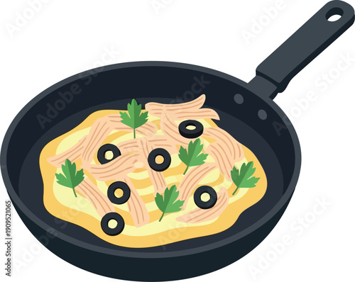 Vector Illustration of Italian Frittata with Black Olives, Parsley, and Chicken in Frying Pan