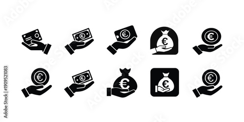 Euro currency and money in hand  icon set, financial payment and investment symbol, banking cash bag and credit card vector illustration with editable stroke.