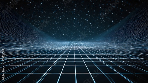 Futuristic Neon Grid Landscape Under Starry Sky