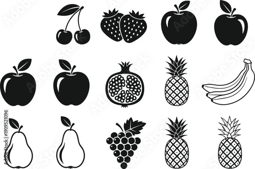 Fruit Icon Silhouette Set Vector Illustration Apple Banana Pineapple Strawberry Cherry Grape Pear Black and White Collection