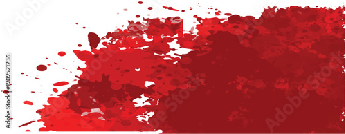 Red blood stain with splatter and drops, isolated on transparent cutout background. Red paint splatter on white wall background, vector illustration.
