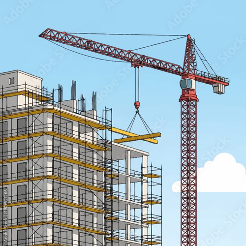 Construction site with crane and scaffolding on building.