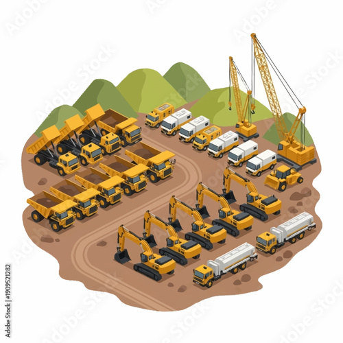 Construction site with various heavy machinery and equipment.