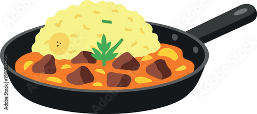 Vector Illustration of Japanese Beef Curry Rice in Skillet with Garnish, Comfort Food Concept
