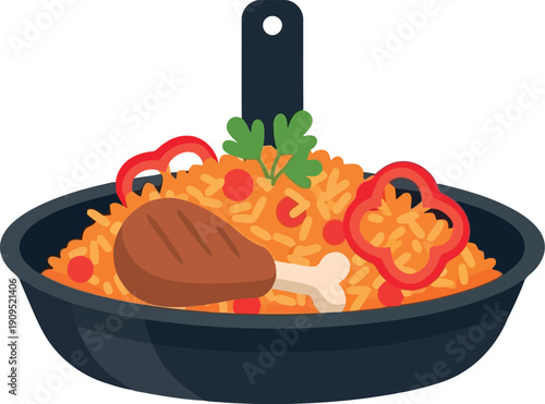 Colorful Spanish Paella with Chicken and Vegetables in Skillet Vector Illustration