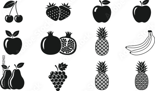 Fruit Silhouette Collection Vector Illustration Apple Banana Pineapple Strawberry Cherry Grape Pear Black and White Icon Set