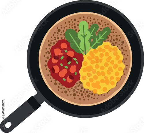 Vector Illustration of Ethiopian Injera with Lentils, Stew, and Greens in Pan – Traditional African Cuisine