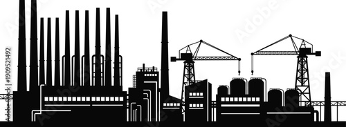 Industrial Factory Silhouette Vector Illustration Oil Refinery Plant with Chimneys Cranes Tanks Black and White Skyline Design