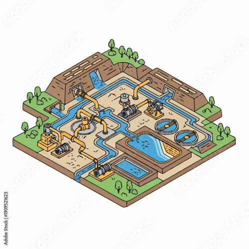 Isometric illustration of an industrial water treatment plant with pipes and machinery.