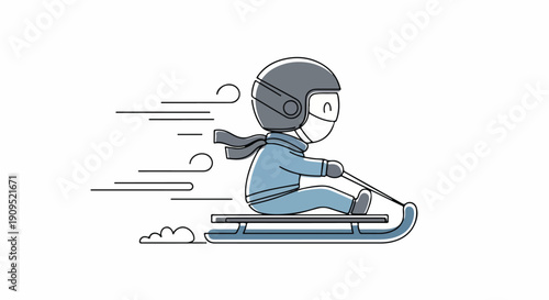 Dynamic minimalist illustration of a character in winter attire, rapidly sledding down a snowy slope, embodying the thrill, speed, and joy of winter fun.