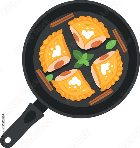 Vector Illustration of Fried Empanadas Cooking in Skillet with Herbs and Cinnamon Sticks