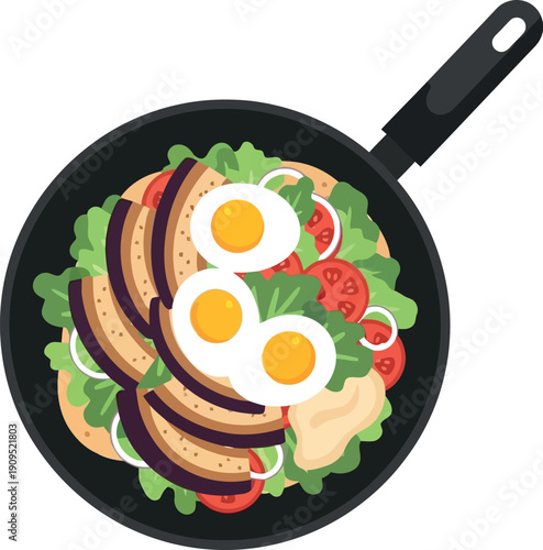 Healthy Breakfast Skillet with Fried Eggs, Eggplant, Fresh Vegetables, and Hummus in Flat Design Illustration