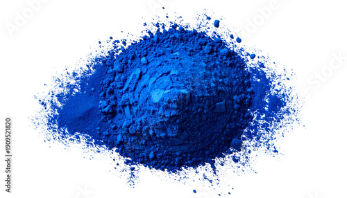 Isolated, vivid blue powder pile with texture, against a stark black background